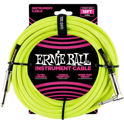 Ernie Ball Braided Instrument Cable, Neon Yellow, 18'