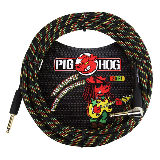 Pig Hog Color Instrument Cable, 1/4 Inch Straight to 1/4 Inch Right Angle, Rasta Stripe, 20'