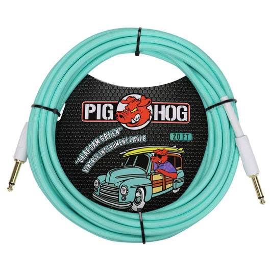 Pig Hog Vintage Series Instrument Cable, 1/4 Inch Straight to 1/4 Inch Straight, Seafoam Green, 20'