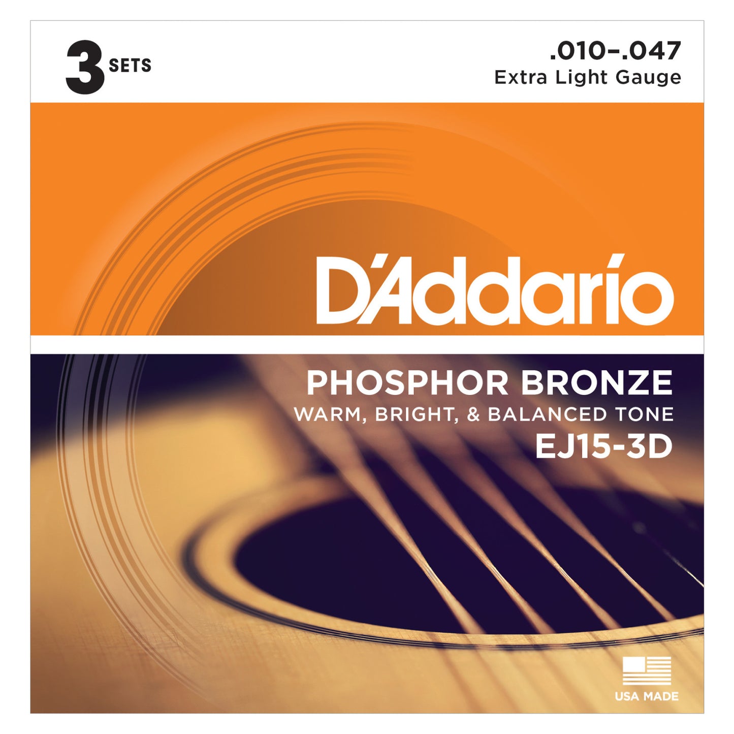 D'Addario EJ15 Phosphor Bronze Acoustic Guitar Strings (Extra Light), Extra Light, 3-Pack, 17441