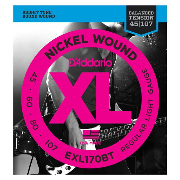 D'Addario EXLBT Balanced Tension Nickel Wound Electric Bass Strings, EXL170BT, Regular Light, 45-107
