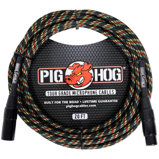 Pig Hog Woven XLR Microphone Cable, Rasta Stripes, 20 Foot