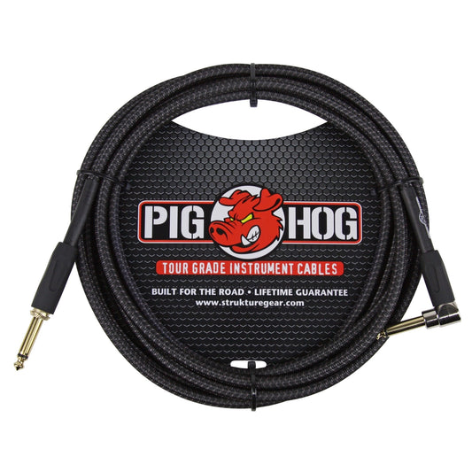 Pig Hog Color Instrument Cable, 1/4 Inch Straight to 1/4 Inch Right Angle, Black Woven, 10 Foot