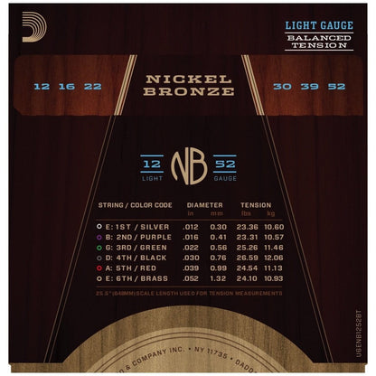 D'Addario NB1252BT Light Nickel Bronze Balanced Tension Acoustic Guitar Strings