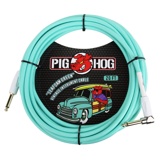 Pig Hog Color Instrument Cable, 1/4 Inch Straight to 1/4 Inch Right Angle, Sea Foam Green, 20'