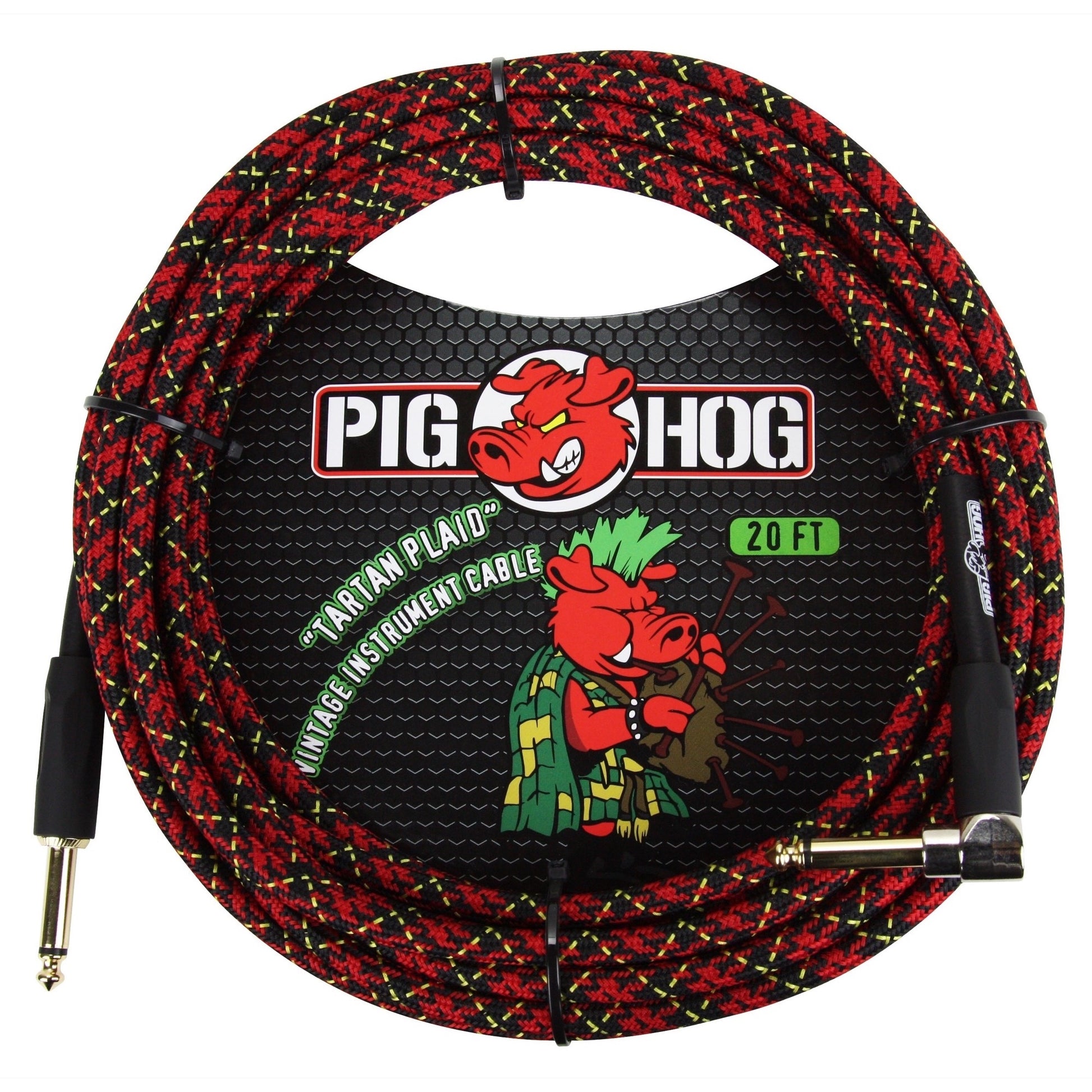 Pig Hog Color Instrument Cable, 1/4 Inch Straight to 1/4 Inch Right Angle, Tartan Plaid, 20'