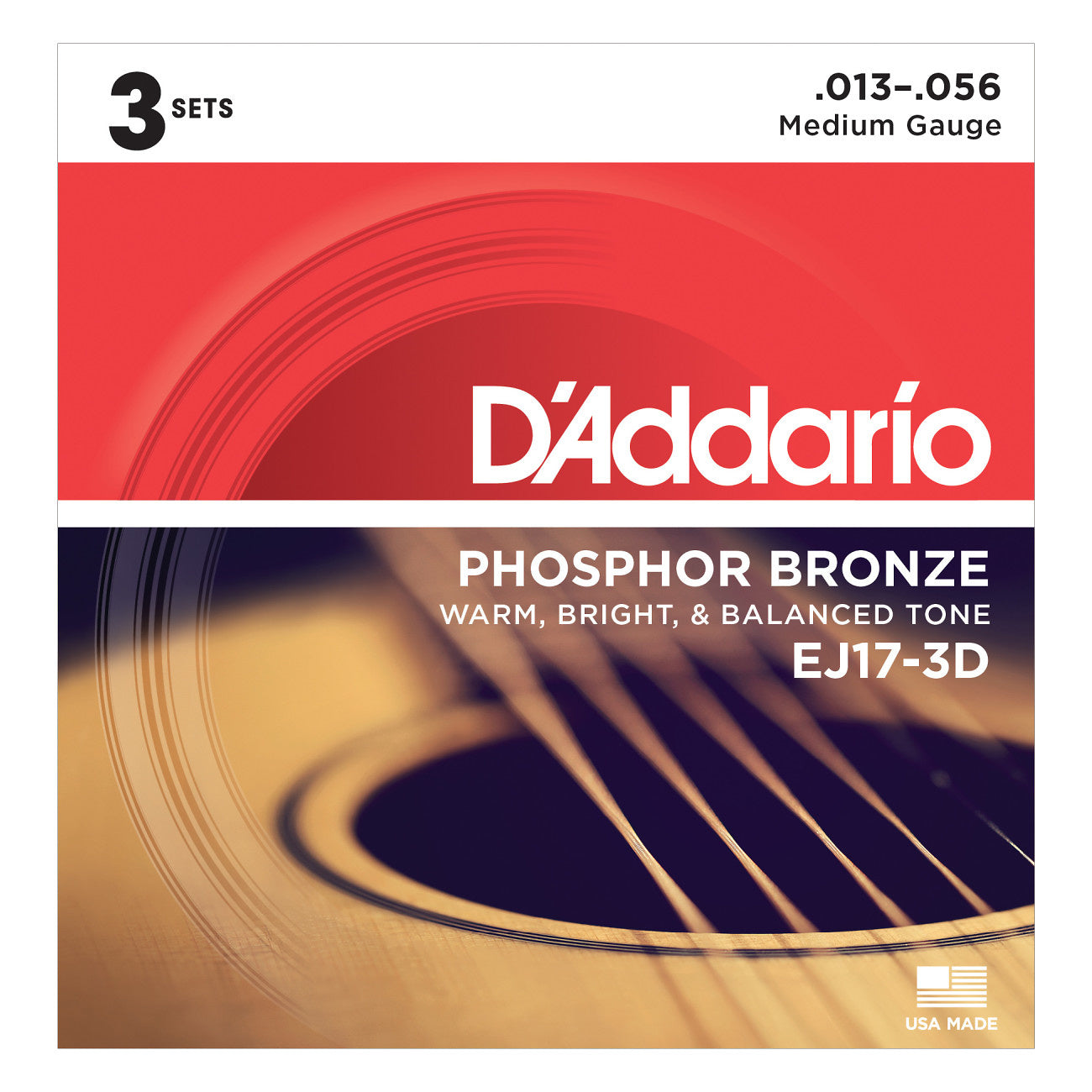 D'Addario EJ17 Phosphor Bronze Acoustic Guitar Strings (Medium, 13-56), 3-Pack