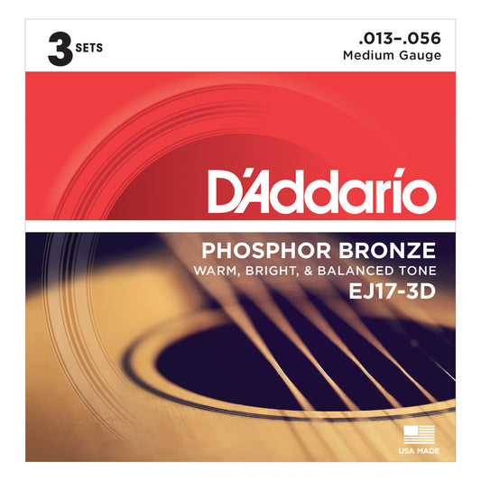 D'Addario EJ17 Phosphor Bronze Acoustic Guitar Strings (Medium, 13-56), 3-Pack