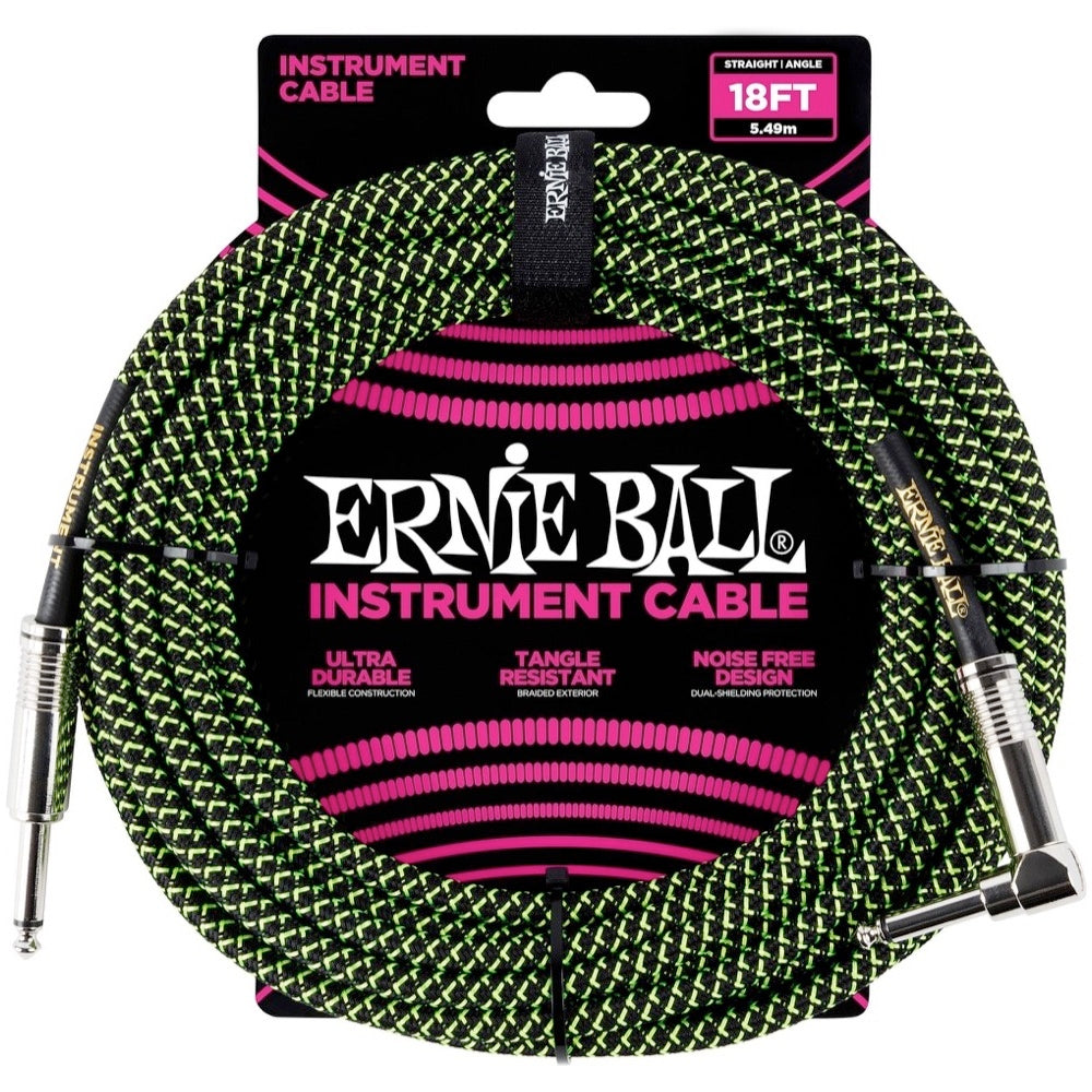 Ernie Ball Braided Instrument Cable, Black and Green, 18'