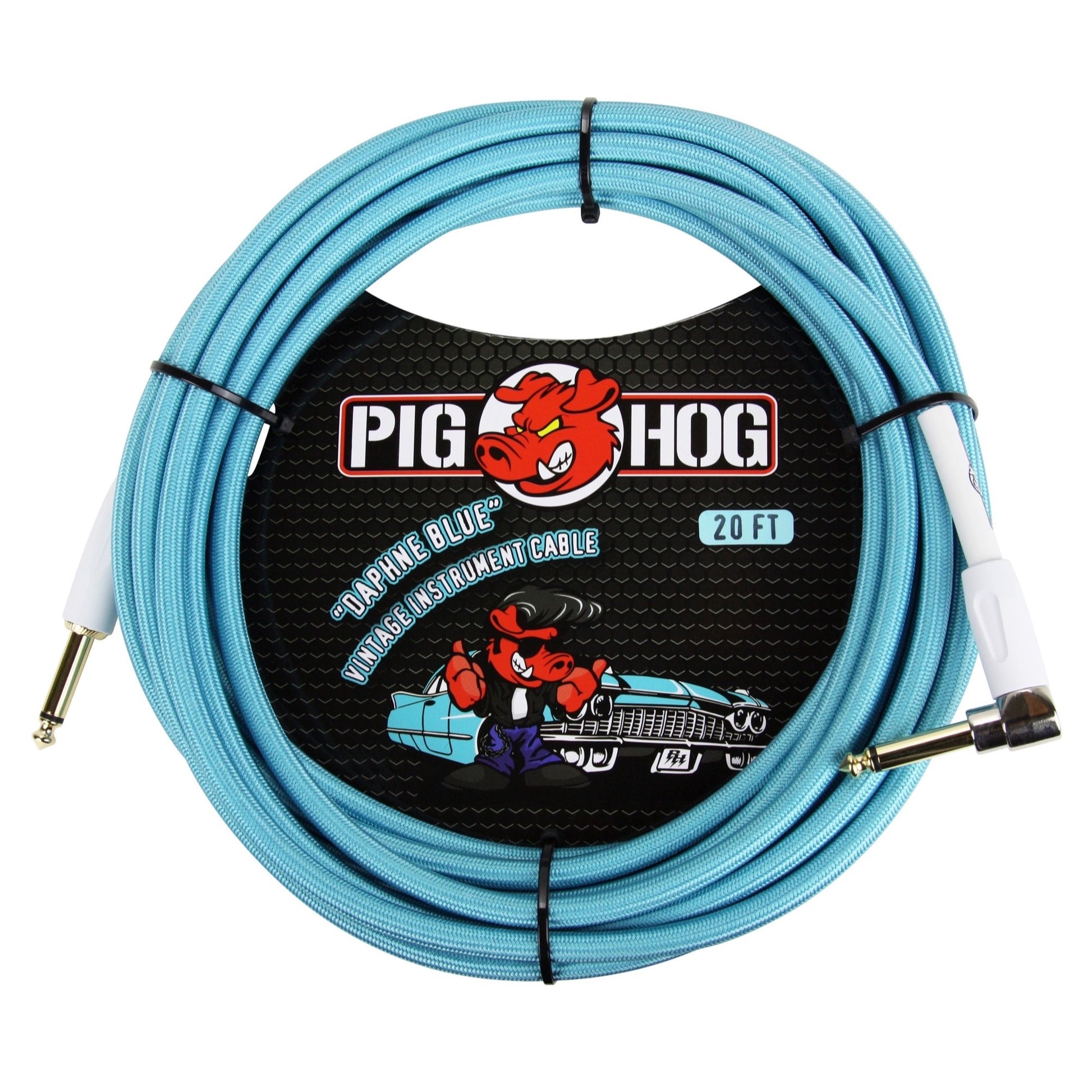 Pig Hog Color Instrument Cable, 1/4 Inch Straight to 1/4 Inch Right Angle, Daphne Blue, 20'