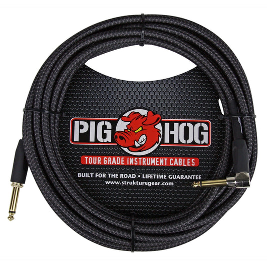 Pig Hog Color Instrument Cable, 1/4 Inch Straight to 1/4 Inch Right Angle, Black Woven, 20'