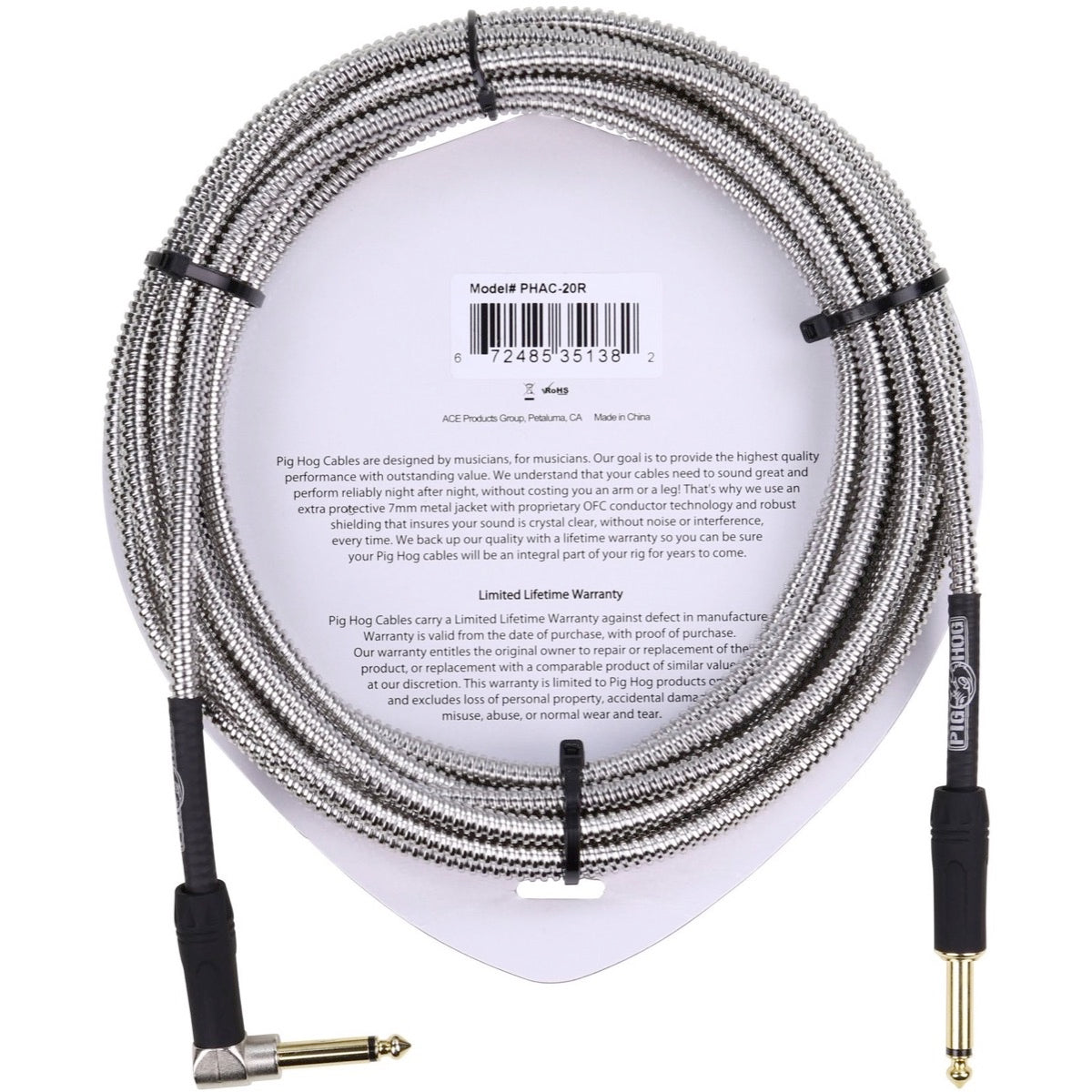 Pig Hog Armor Clad Right Angle Instrument Cable, 20'