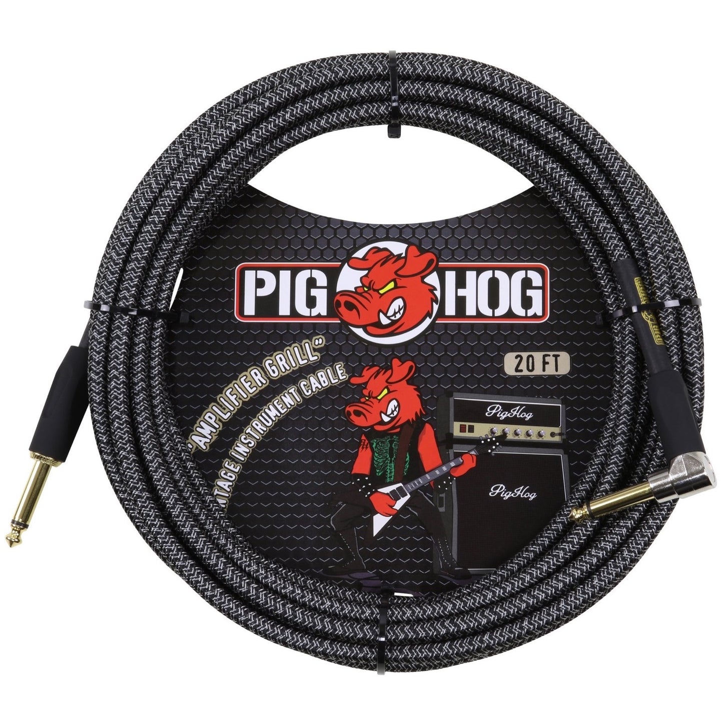 Pig Hog Color Instrument Cable, 1/4 Inch Straight to 1/4 Inch Right Angle, Amp Grill, 20'