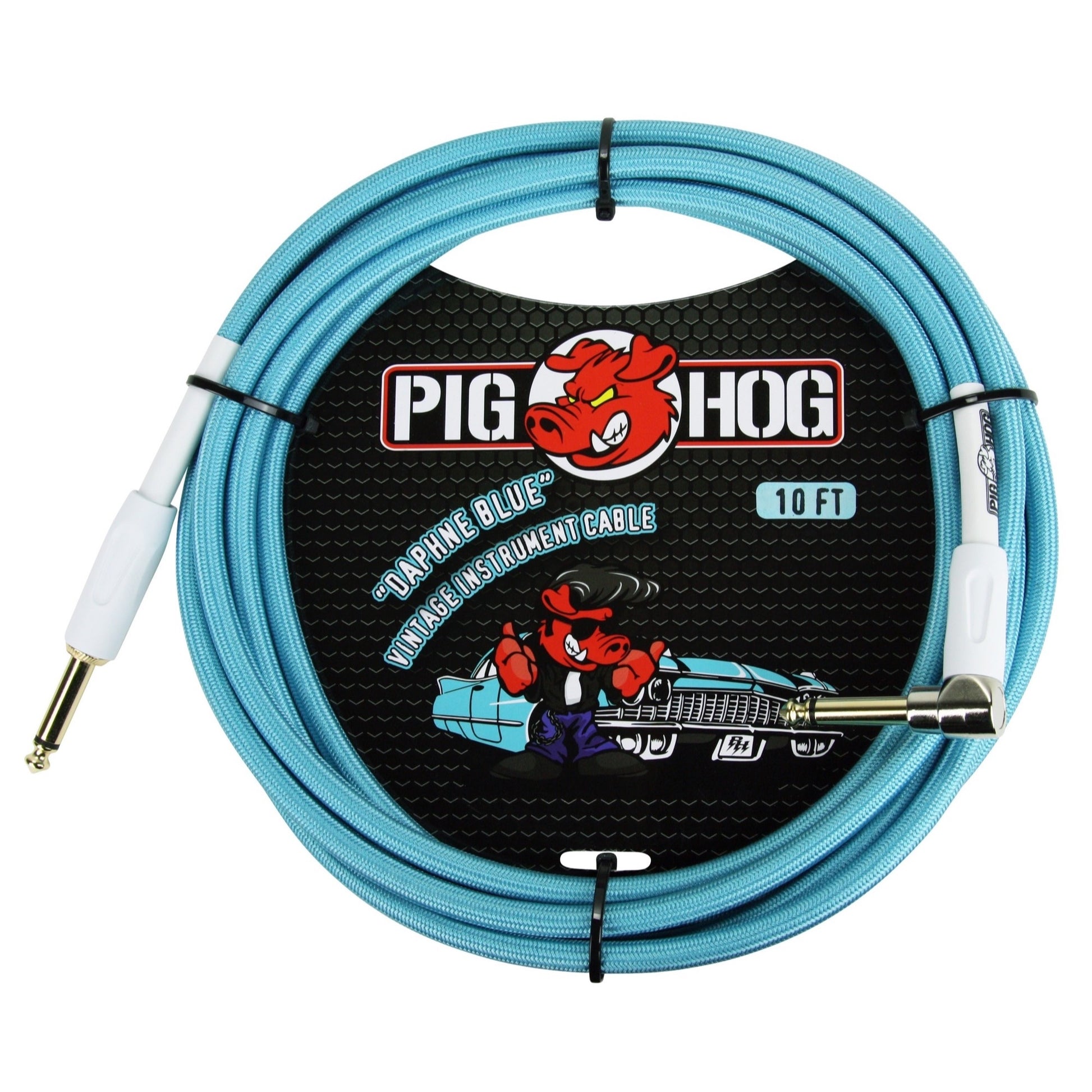 Pig Hog Color Instrument Cable, 1/4 Inch Straight to 1/4 Inch Right Angle, Daphne Blue, 10 Foot