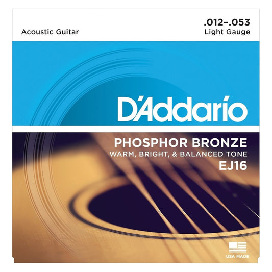 D'Addario EJ16 Phosphor Bronze Acoustic Guitar Strings (Light, 12-53), Single Set