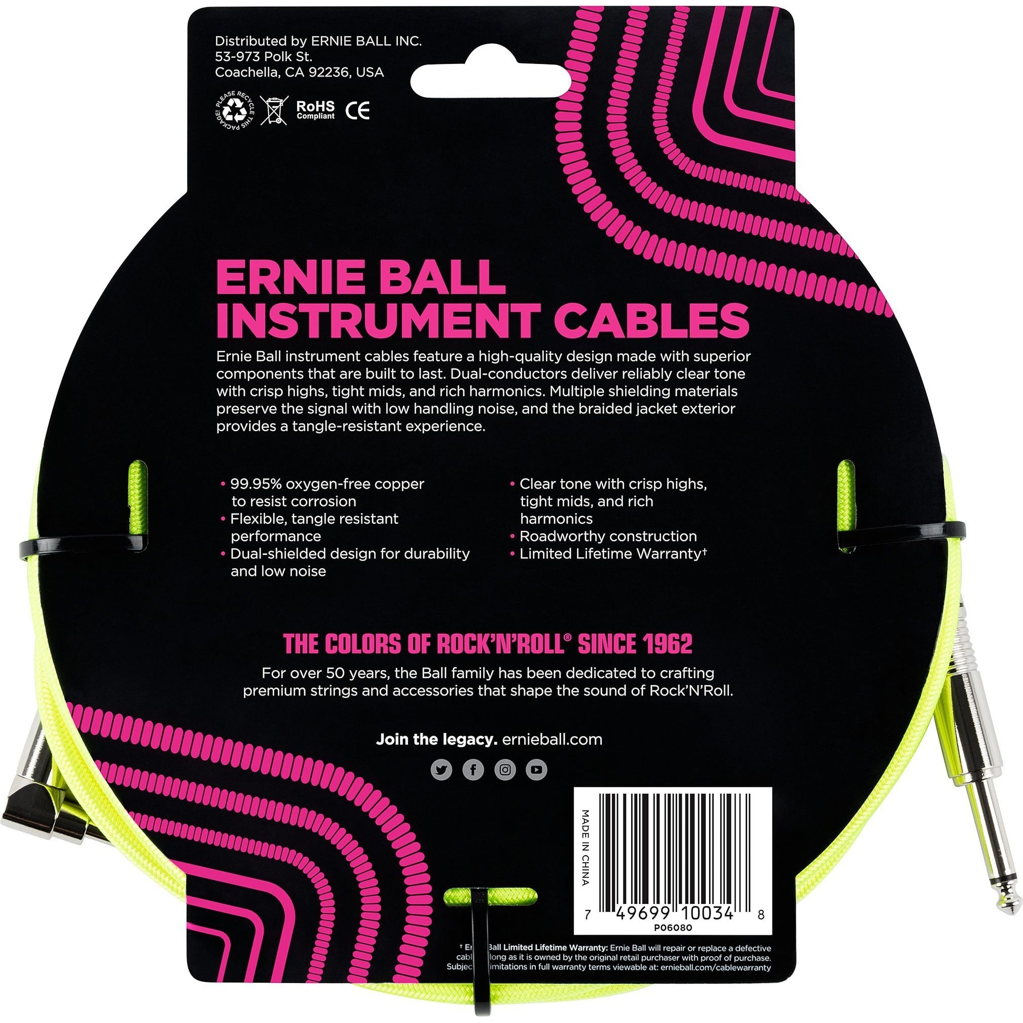 Ernie Ball Braided Instrument Cable, Neon Yellow, 10 Foot