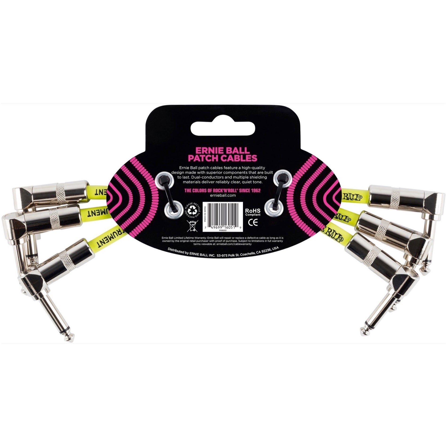 Ernie Ball Angle/Angle Patch Cables, White, 3-Pack, 6 Inch