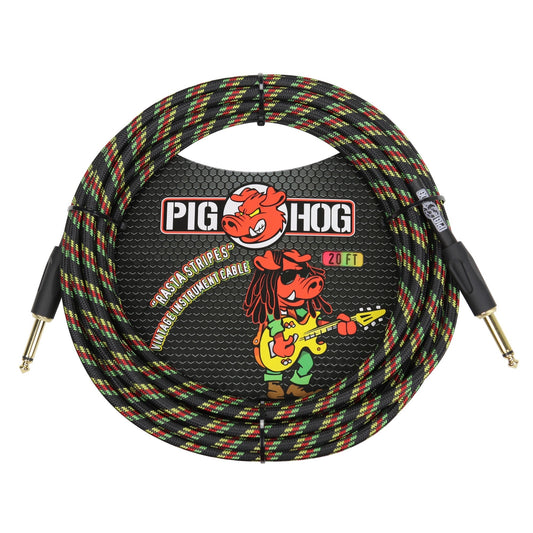 Pig Hog Vintage Series Instrument Cable, 1/4 Inch Straight to 1/4 Inch Straight, Rasta Stripes, 20'