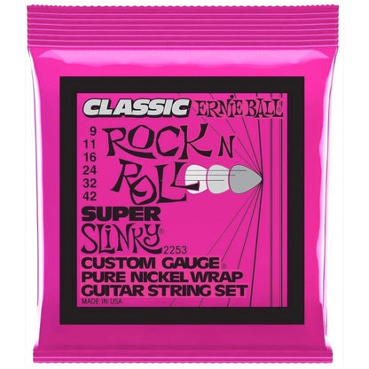 Ernie Ball Super Slinky Classic Rock n Roll Pure Nickel Wrap Electric Guitar Strings (9-42 Gauge)