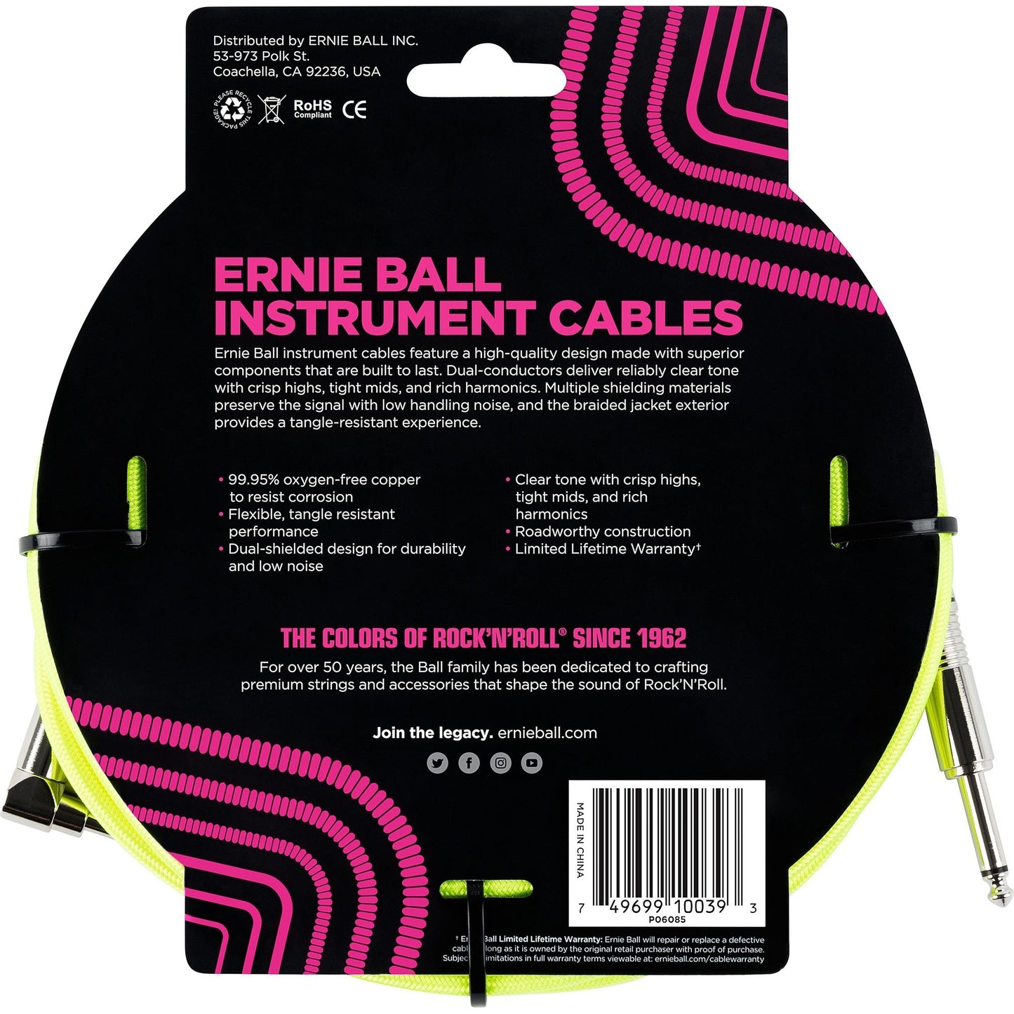 Ernie Ball Braided Instrument Cable, Neon Yellow, 18'
