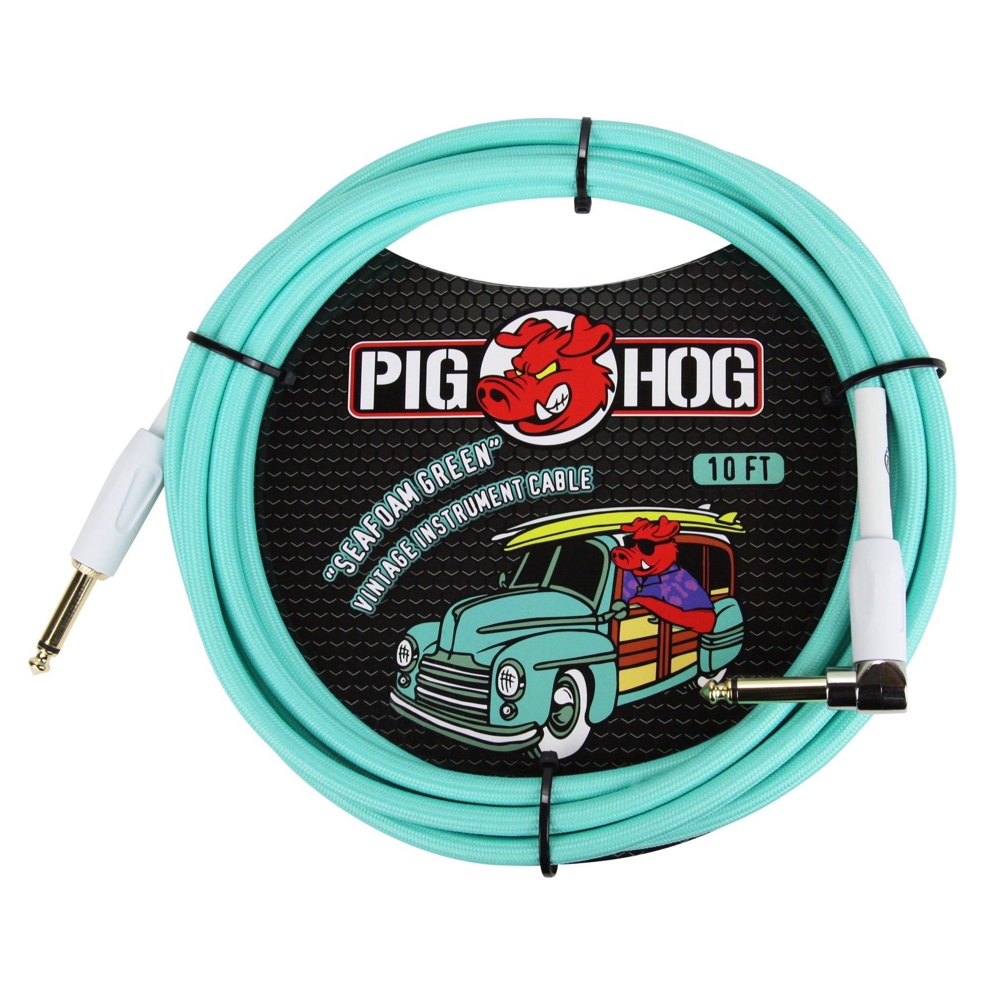 Pig Hog Color Instrument Cable, 1/4 Inch Straight to 1/4 Inch Right Angle, Sea Foam Green, 10 Foot