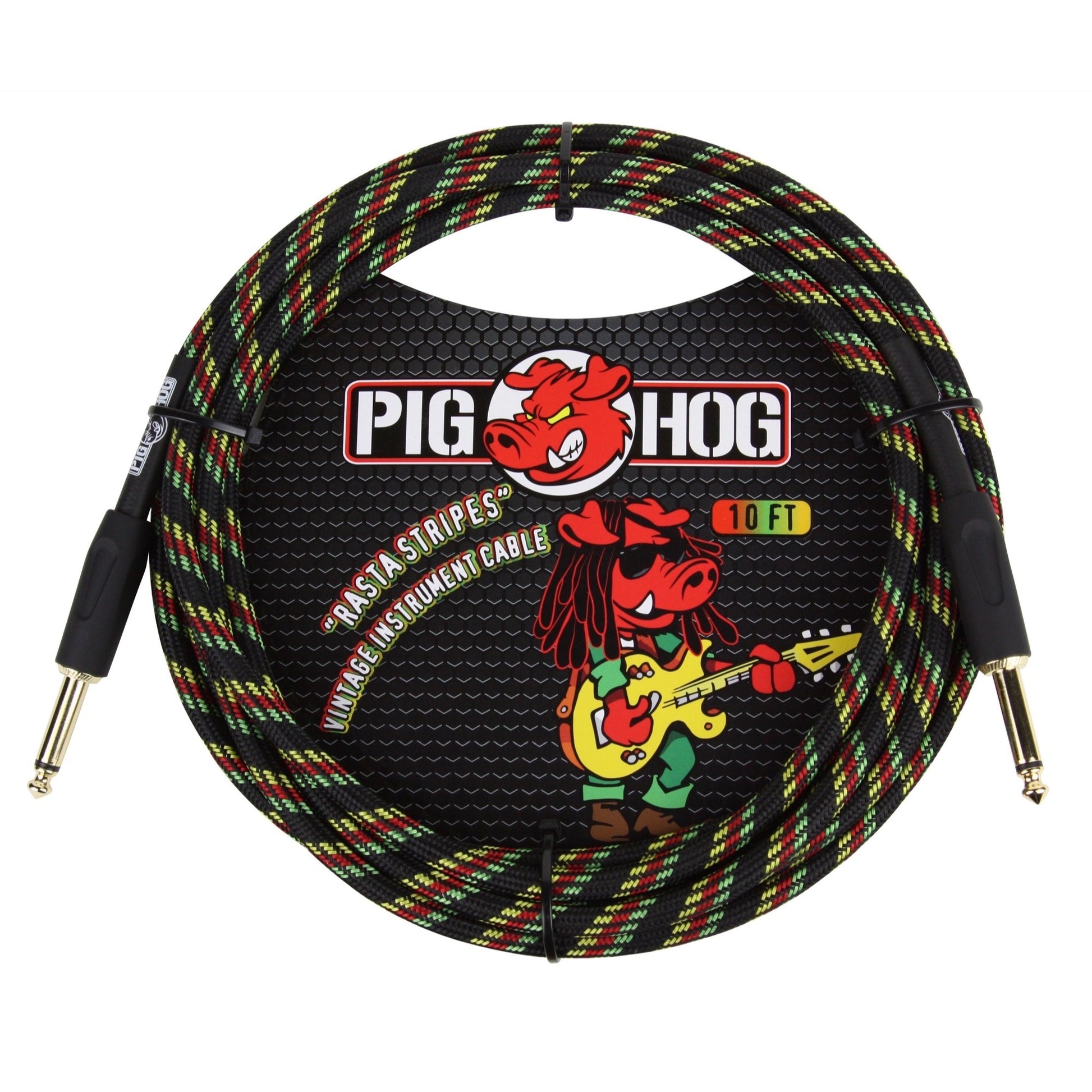 Pig Hog Vintage Series Instrument Cable, 1/4 Inch Straight to 1/4 Inch Straight, Rasta Stripes, 10 Foot