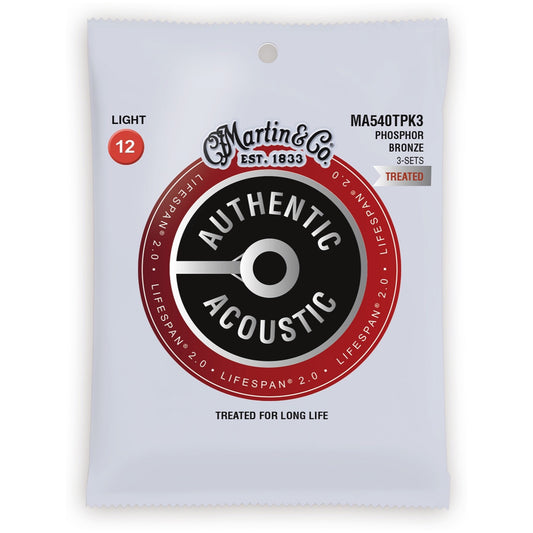 Martin Authentic Lifespan 2.0 Treated Phosphor Bronze Acoustic Guitar Strings, MA540T, 3-Pack, Light