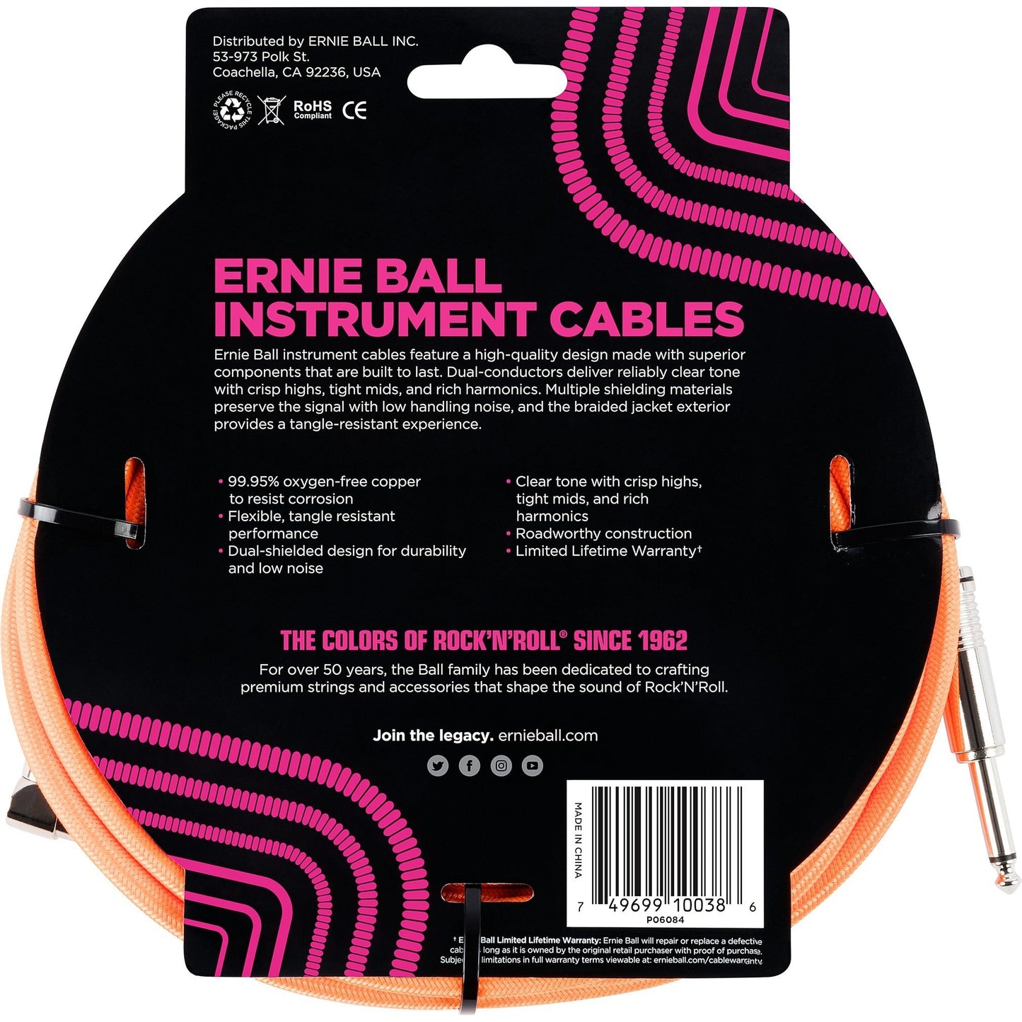 Ernie Ball Braided Instrument Cable, Neon Orange, 18'
